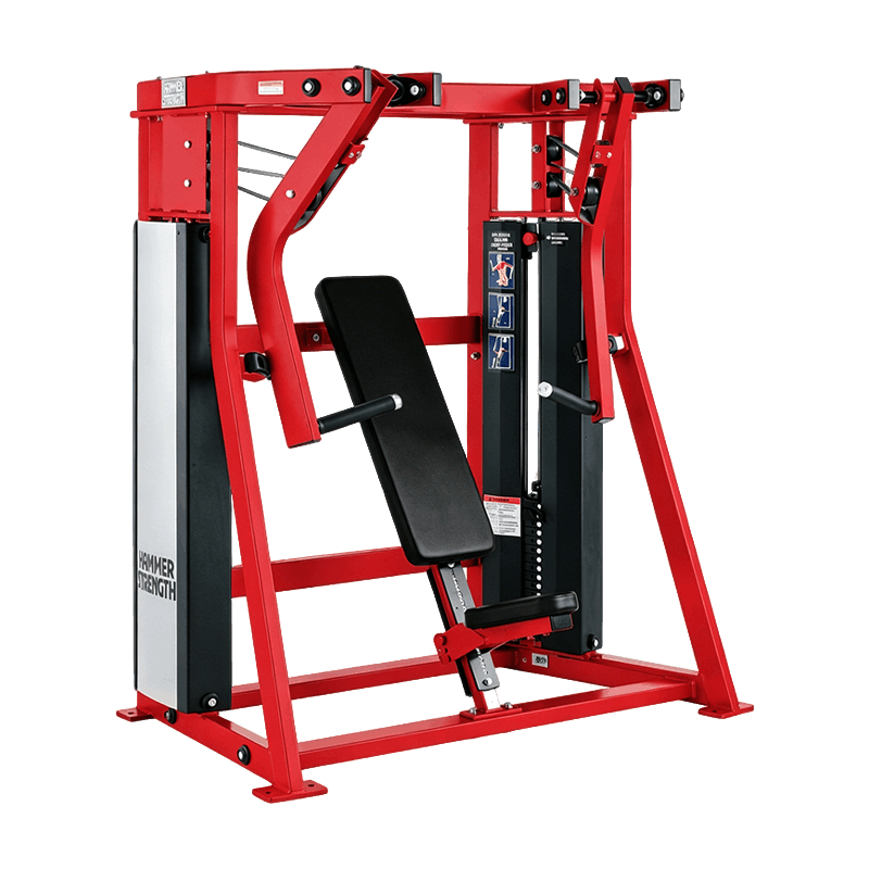 Red seated strength machine with an enclosed weight stack