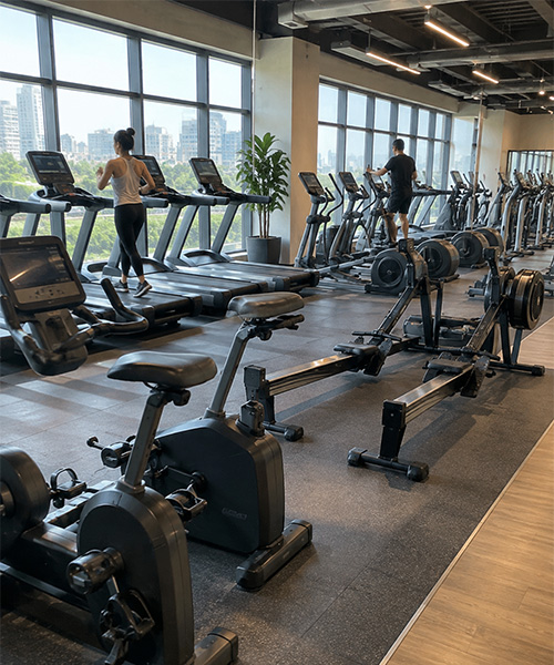 Commercial gym equipment maintenance area with cardio and strength machines